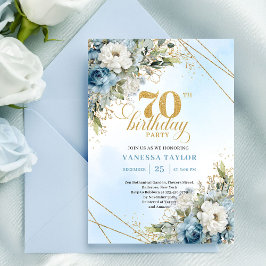 Convites Refined dusty blue watercolor florals 70th birthda