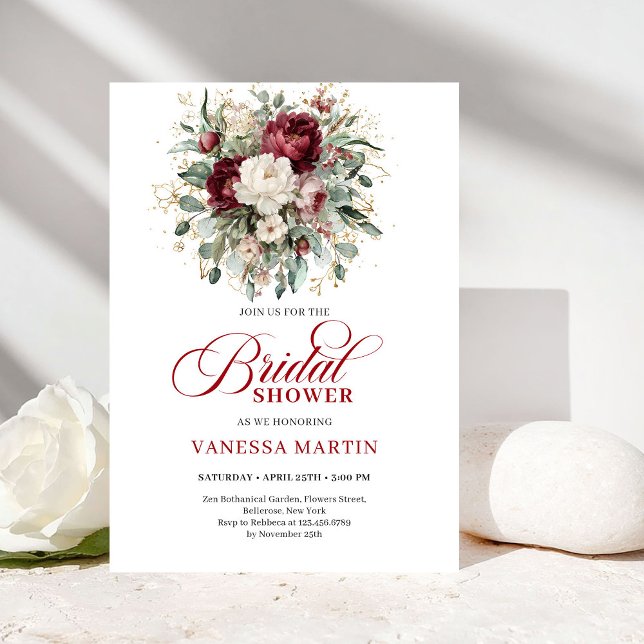 Convites Refined Maroon Floral Gold Bridal Shower Invitatio (Refined Maroon Floral Gold Bridal Shower Invitation)