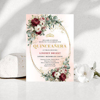 Convites Refined Marsala Floral Gold Quinceañera Invitation