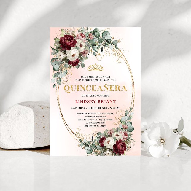 Convites Refined Marsala Floral Gold Quinceañera Invitation (Refined Marsala Floral Gold Quinceañera Invitation)