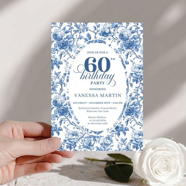 Convites Refined Navy Roses Floral Toile 60th Birthday  (Refined Navy Roses Floral Toile 60th Birthday Invite)