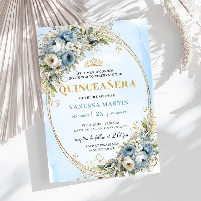Convites Refined Pastel Blue Gold Eucalyptus Quince Invites (Refined Pastel Blue Gold Eucalyptus Quince Invitation)