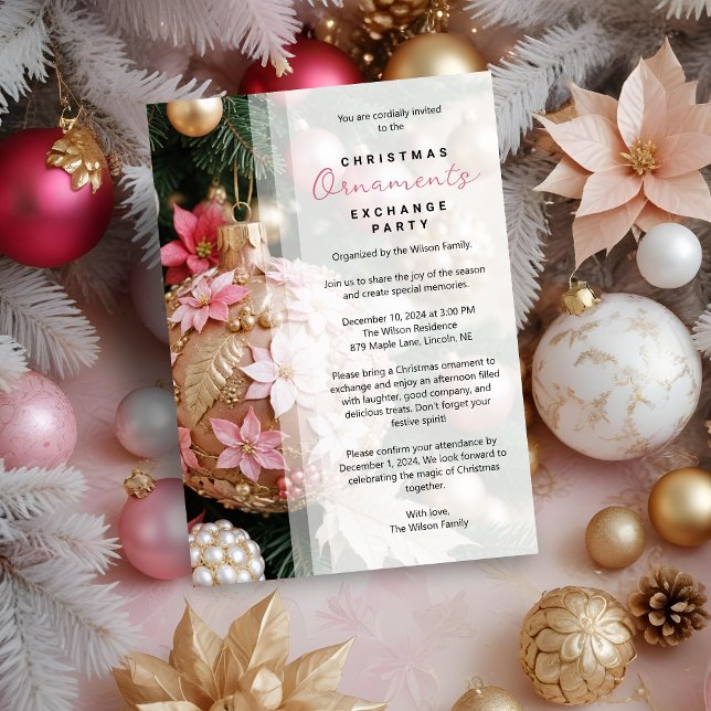 Convites Refined Pink Christmas Balls Ornament Exchange (Refined Stylish Pink Christmas Balls Ornament Exchange Party Invitations Cards.)