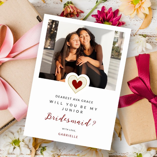 Convites Refined Red Lace Heart Photo Jr Bridesmaid (Romantic Refined Cute Red Heart Photo Jr Bridesmaid Proposal Card with Envelope.)