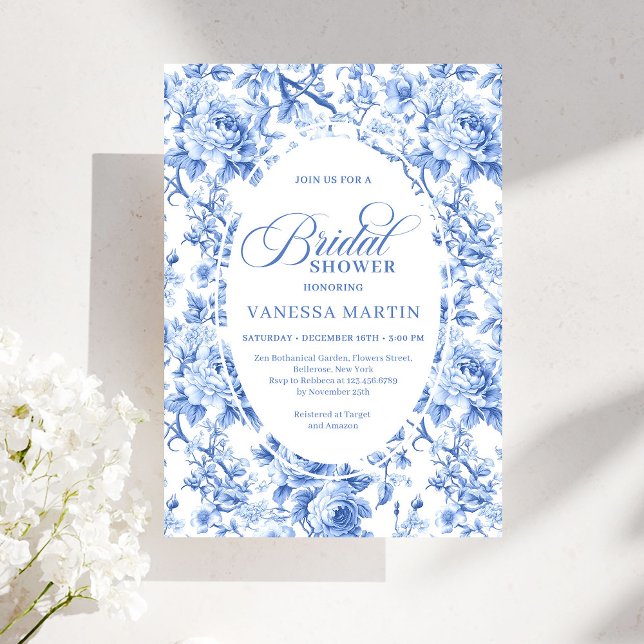 Convites Refined Royal Blue Toile de Jouy Floral Bridal (Refined Royal Blue Toile de Jouy Floral Bridal Shower)