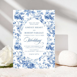 Convites Refined Royal Blue Toile de Jouy Floral Wedding 