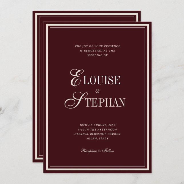 Convites Refined Script Burgundy QR Code Details Wedding (Frente/Verso)