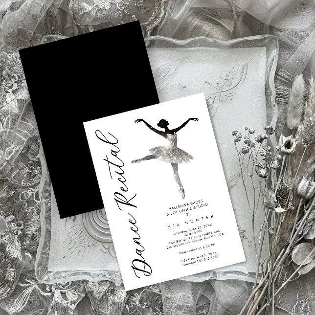 Convites Refined Silver Sparkle Ballet Recital TMF26 (Sophisticated Black and White Ballerina Dance Recital Invitation with Faux Silver Glitter Tutu.)