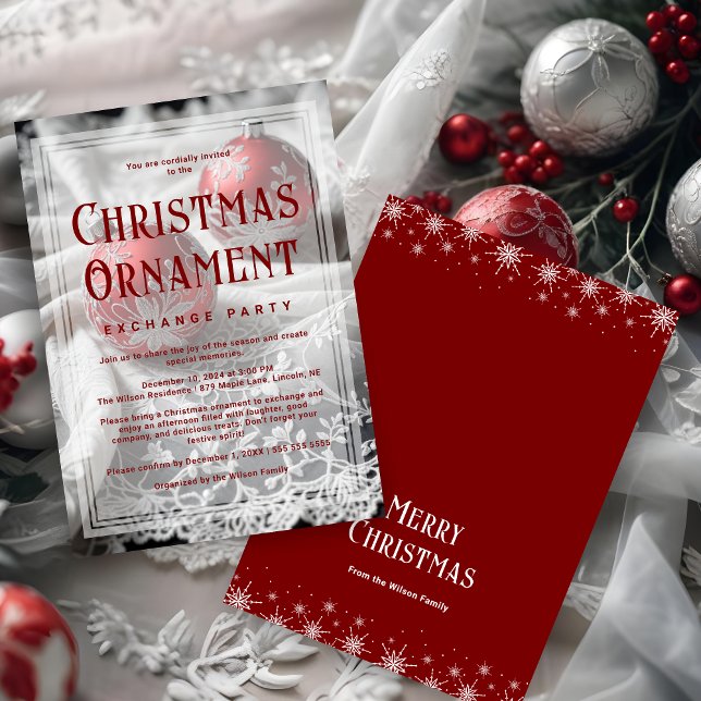 Convites Refined Vellum Grey Shades Red Christmas Ornament (Refined Vellum Grey Shades & Red Christmas Ornament Exchange Party Invitations Cards.)