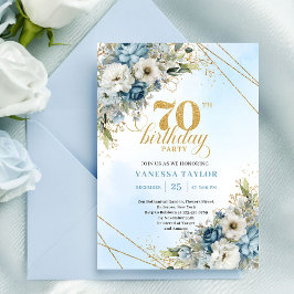 Convites Refined watercolor blue florals gold 70th birthday