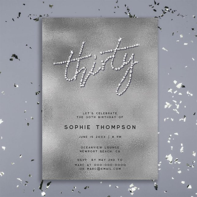 Convites Reflexões Prateados Modernos Rinestones Glam 30 (modern glam elegant rhinestones calligraphy 30th birthday invitation for women classy chic soiree)