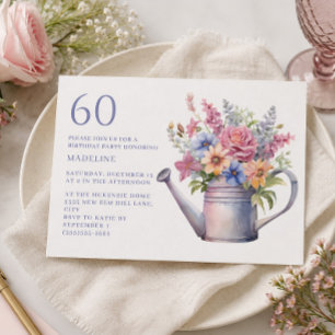 Convites Regador Floral Roxo Pêssego Aniversário de 60 anos