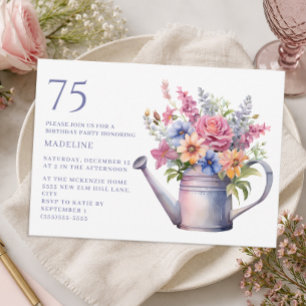 Convites Regador Floral Roxo Pêssego Aniversário de 75 anos