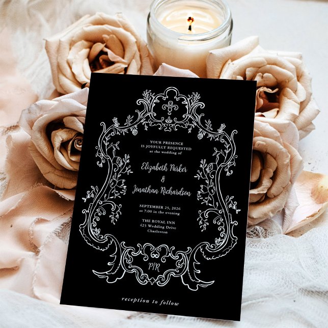 Convites Regal Black | Vintage Casamento-Quadro Barroco (Criador carregado)