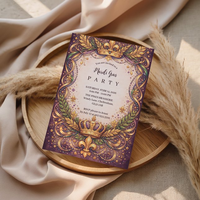 Convites Regal Crown Fleur-de-Lis Mardi Gras (Criador carregado)