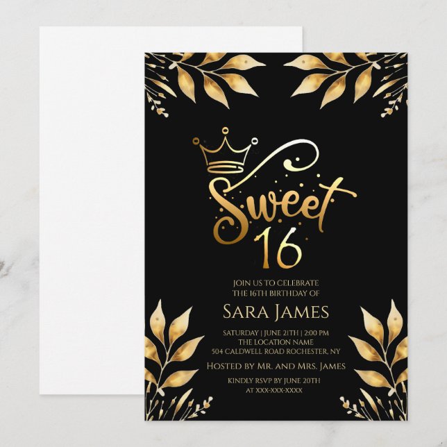 Convites Regal Gold & Obsidian Sweet 16 Birthday Invitation (Frente/Verso)