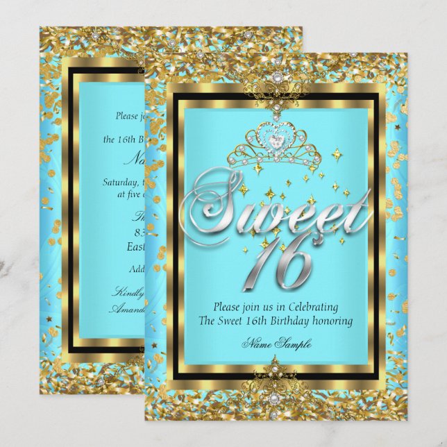 Convites Regal Princess Doce 16 Dourado Azul Turquesa Festa (Frente/Verso)