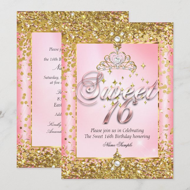 Convites Regal Princess Doce 16 Rubor Dourado Rosa Festa (Frente/Verso)