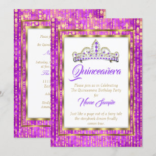 Convites Regal Princess Roxo Quinceanera Dourado Branco