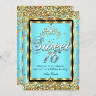 Convites Regal Princess Sweet 16 Dourado Teal Blue Party