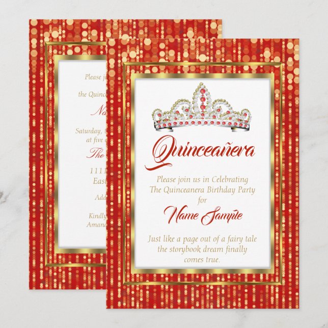 Convites Regal Princess Vermelho Quinceanera Dourado Branco (Frente/Verso)
