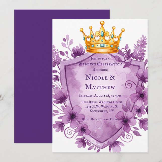 Convites Regal Purple Floral Crest Casamento (Frente/Verso)
