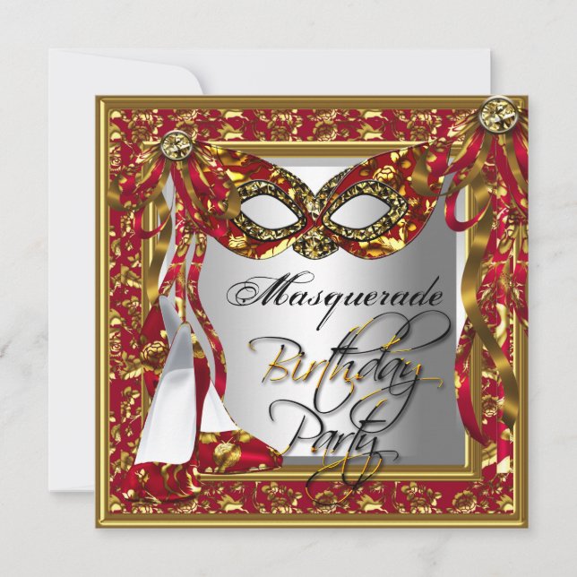 Convites Regal Red Dourado Damask Birthday - Partido Mascar (Frente)