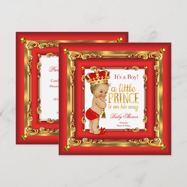 Convites Regal Red Dourado Prince Chá de fraldas Blonar Boy (Frente/Verso)