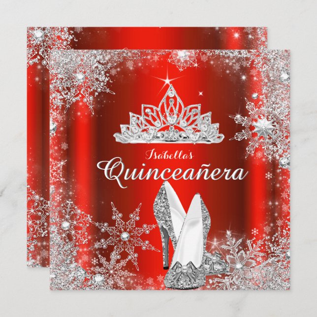 Convites Regal Red Quinceanera Silver Tiara 15 Birthday (Frente/Verso)