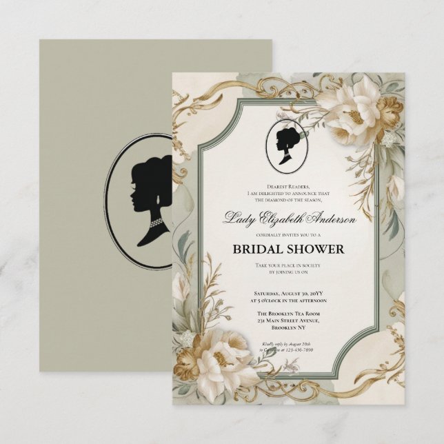 Convites Regência era Florals Bridgerton - Chá de panela In (Frente/Verso)