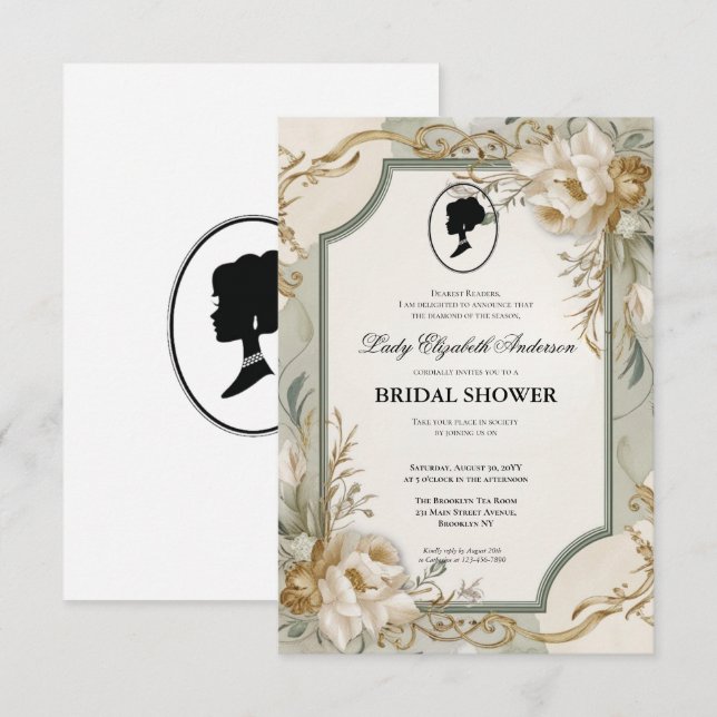 Convites Regência era Florals Bridgerton - Chá de panela In (Frente/Verso)