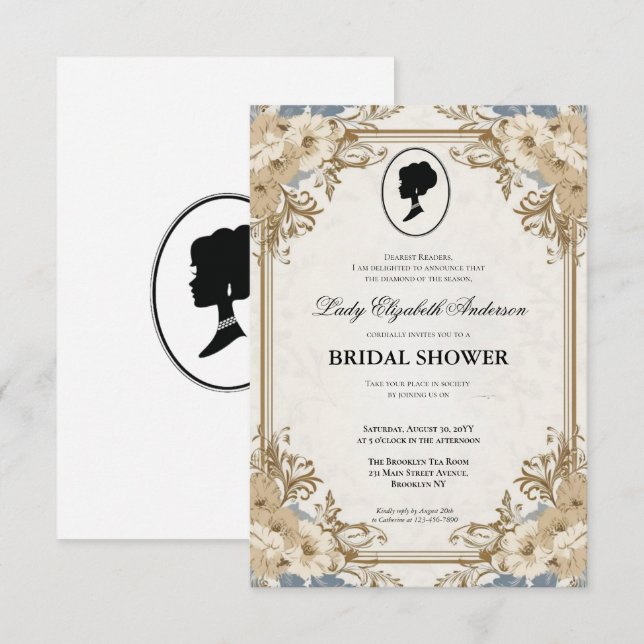 Convites Regência era Florals Bridgerton - Chá de panela In (Frente/Verso)