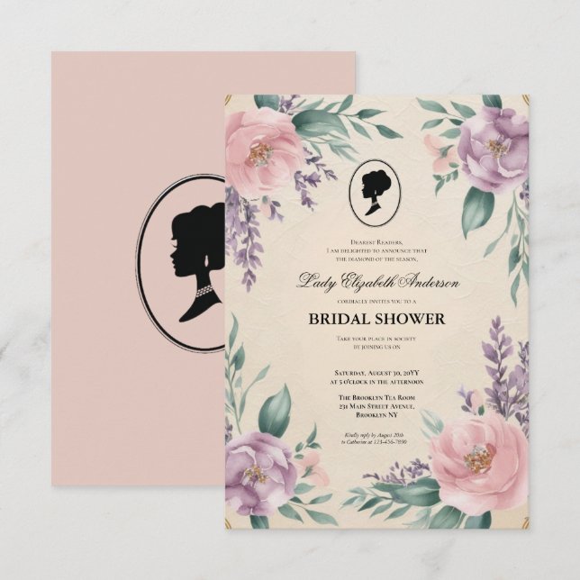 Convites Regência era Florals Bridgerton - Chá de panela In (Frente/Verso)