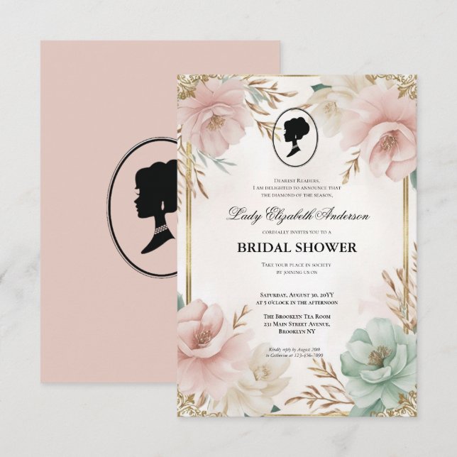 Convites Regência era Florals Bridgerton - Chá de panela In (Frente/Verso)