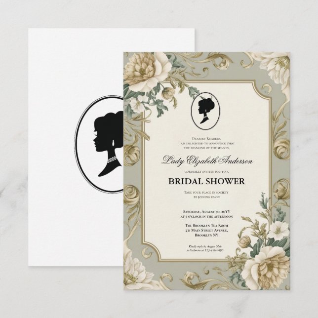 Convites Regência era Florals Bridgerton - Chá de panela In (Frente/Verso)