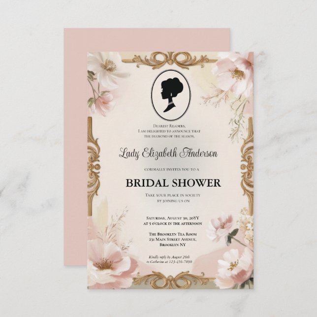 Convites Regência era Florals Bridgerton - Chá de panela In (Frente/Verso)