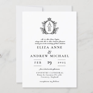 Convites Regency Crest Monograma Casamento Preto e Branco