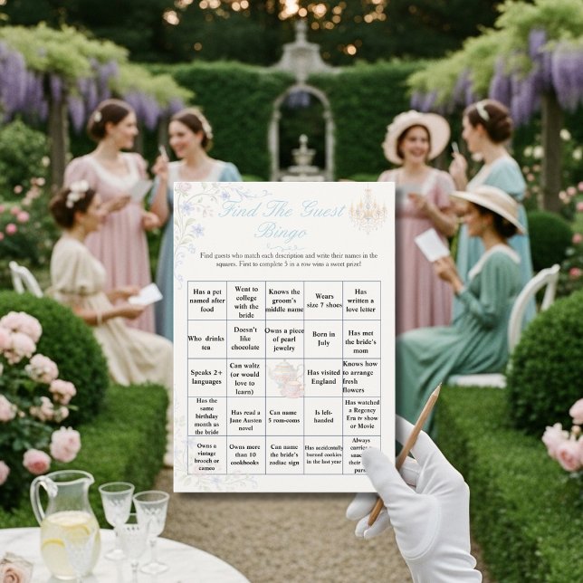 Convites Regency Encontre o Jogo de Bingo de Chuveiro de No (Regency Find the Guest Bridal Shower Bingo game)