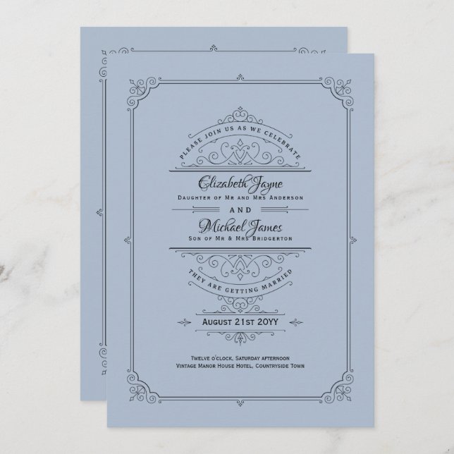 Convites Regency Wedings Invtions Vintage Dusty Blue (Frente/Verso)