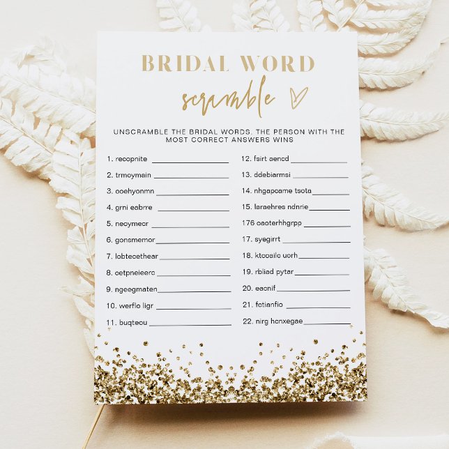 Convites REGINA Dourado Lantejoulas Chuva de Bebê Noiva Pal (Faux Gold Sequins Word Scramble Bridal Shower Game Cards)