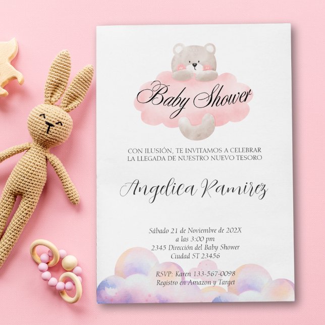Convites Registro do Tema da Nuvem do Urso do Chá de fralda (Spanish Baby Shower Bear Theme Cloud Gift Registry Invitation)
