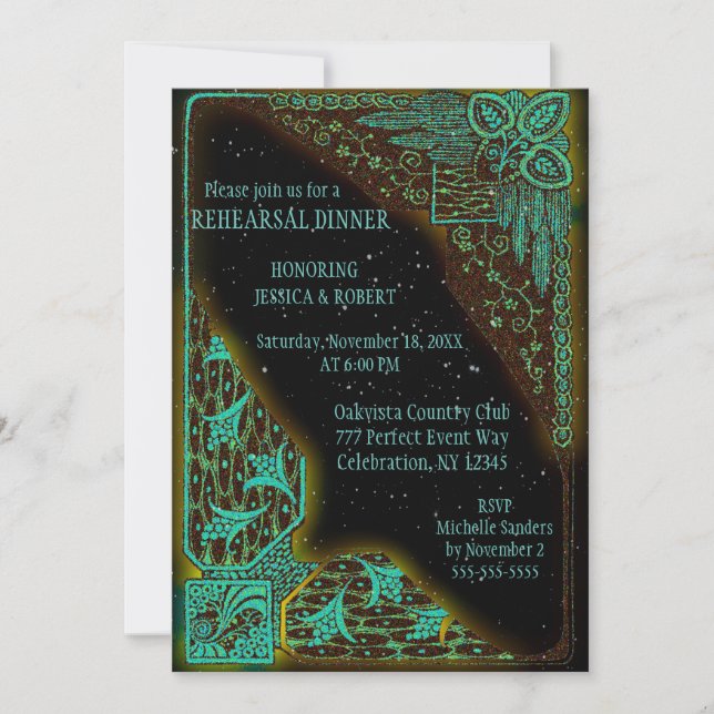 Convites Rehearsal Dinner | Art Deco Turquoise e Green (Frente)