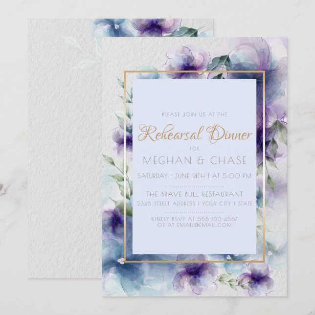 Convites Rehearsal Dinner | Azul-violeta-aquarela (Frente/Verso)