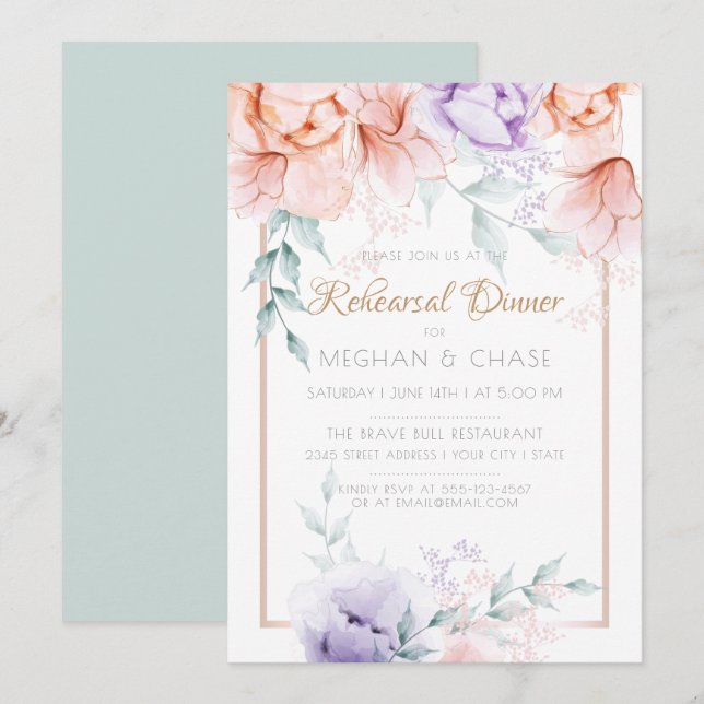 Convites Rehearsal Dinner | Coral/Pêonias Aquáticas Lilátic (Frente/Verso)