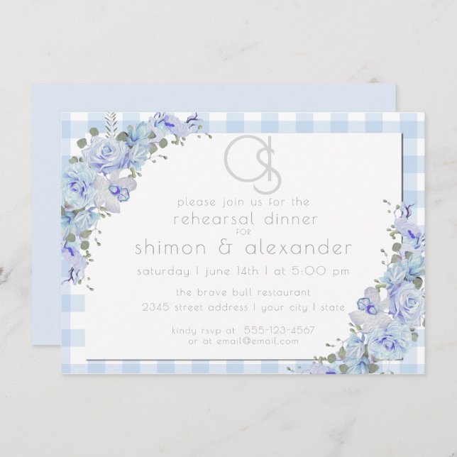 Convites Rehearsal Dinner | Monograma Azul Gingham Floral (Frente/Verso)
