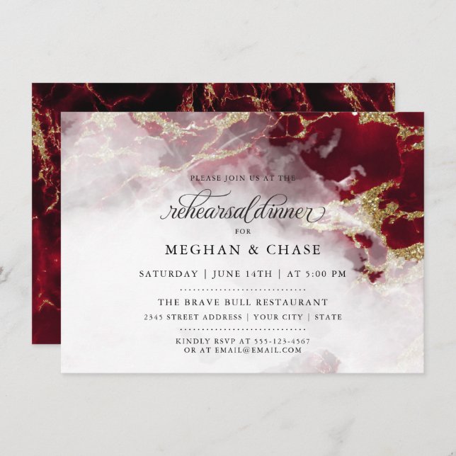 Convites Rehearsal Dinner | Red Ruby Watercolor Geode (Frente/Verso)