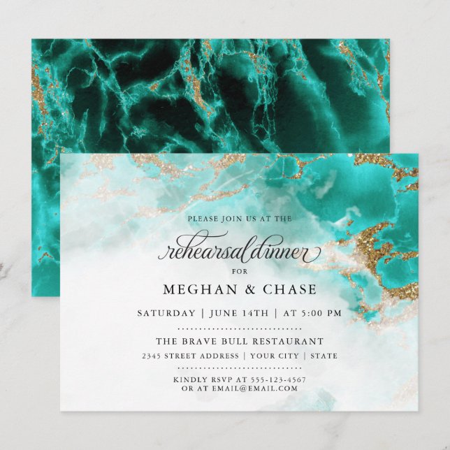 Convites Rehearsal Dinner | Turquoise Watercolor Geode (Frente/Verso)
