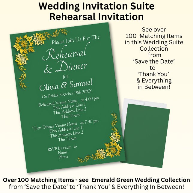 Convites Rehearsal Invitation Card Emerald Green & Gold (Criador carregado)