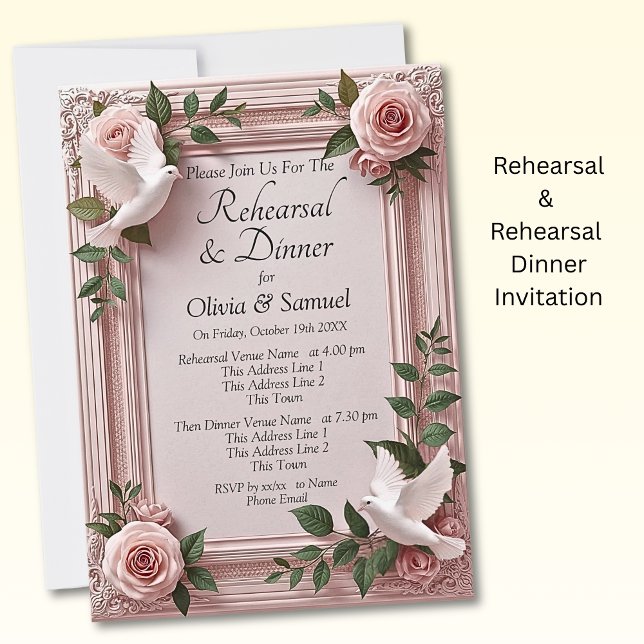 Convites Rehearsal Invitation Card Pink Roses & Doves (Criador carregado)