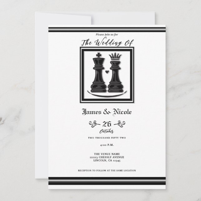 Convites Rei & Rainha Xadrez Preto Branco Casamento (Frente)